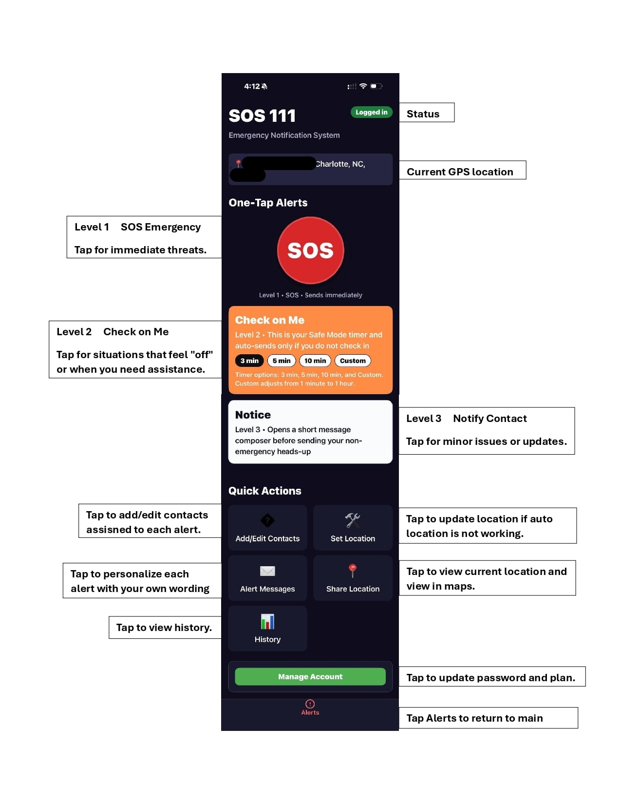 SOS 111 App interface showing alert levels, quick actions, and navigation
